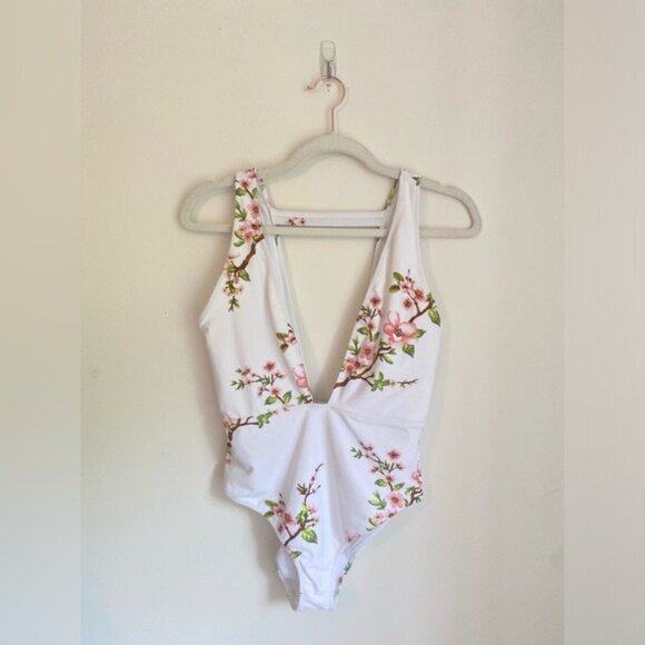 Women's White & Pink Cherry Blossom Plunge V-Neck Open Back Swimsuit Size XS - Picture 2 of 5